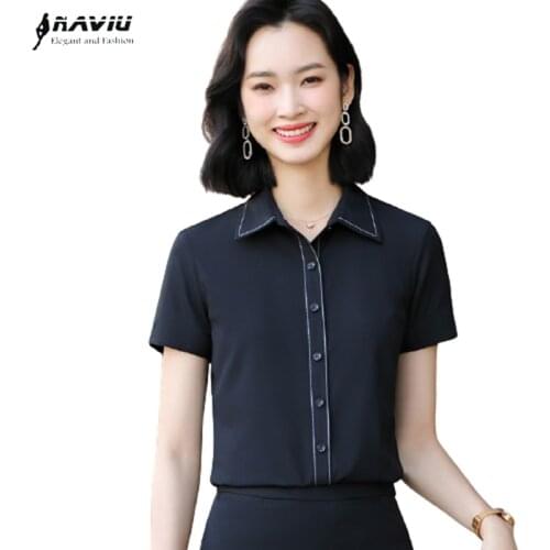 Professional Shirt Women Short Sleeve 2021 New Summer Slim Temperament Black Formal Chiffon Blouses Office Ladies Work Tops