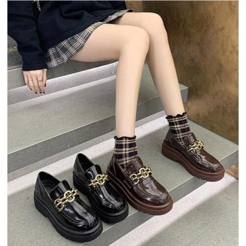 Spring Platform Fashion Metal Chain Casual Shoes Women Chunky Sneakers Height Increasing Shoes Ladies Thick bottom Leather Shoe