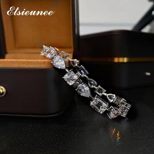 ELSIEUNEE Charm 100% 925 Sterling Silver Geometric Simulated Moissanite Diamond Bracelets for Women Fashion Wedding Fine Jewelry