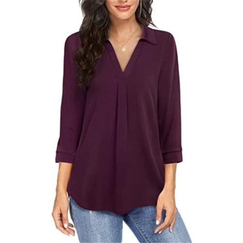 New Autumn Chiffon Womens Pullover Shirt Breathable Cool Loose V-neck Seven Sleeve Shirt Top V-Neck Sexy Solid Top Shirts