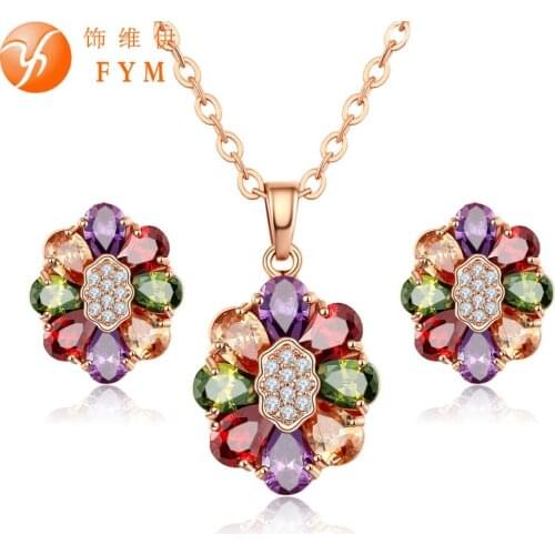 Fashion Rose Gold Color Jewelry Sets for Women High Quality Flower Multicolor Cubic Zircon Engagement Bridal Sets Girls gift