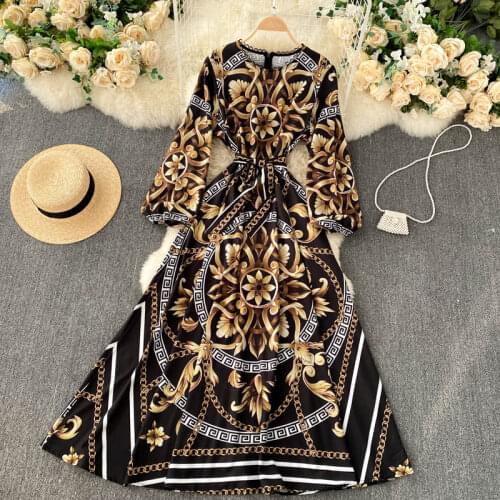 Womens Spring Summer Runway Fashion Vintage Long Sleeve Print Dress Female High Waist ChicTravel Beach Dress TB1956