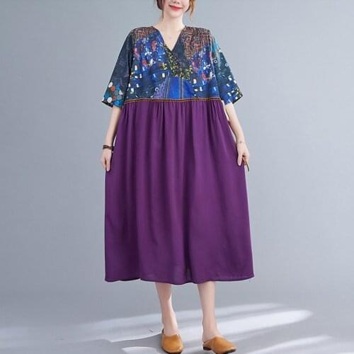 Oversized Women Cotton Linen Casual Dress New 2021 Summer Vintage Style V-neck Patchwork Print Loose Female Long Dresses B816