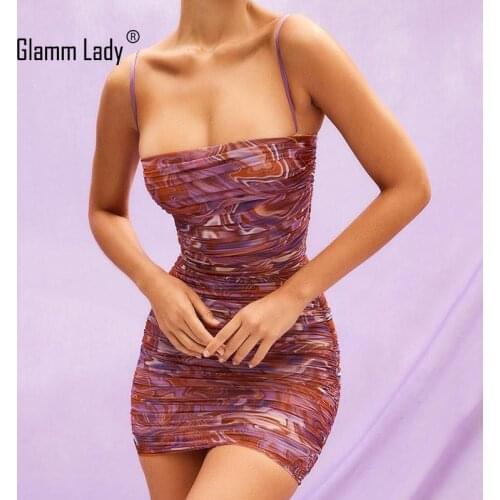 Glamm Lady Mesh Print Mini Summer Dress Women Party Sexy Strapless Spaghetti Strap Bodycon Dresses Casual Double Layer Vestidos