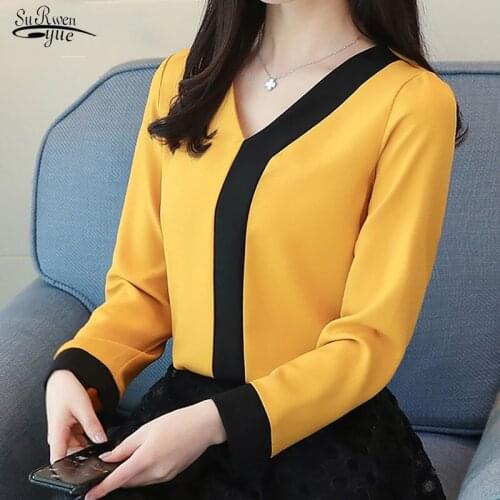 2021 Casual Chiffon Blouse Office Lady Shirt Women Tops and Blouse Long Sleeve V-neck Women Tops Fashion Womens Clothing D826