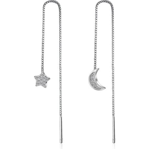 925 Sterling Silver Asymmetry Tassel Moon Star Charm Drop Earring For Women Girls Fashion Wedding Jewelry eh1054