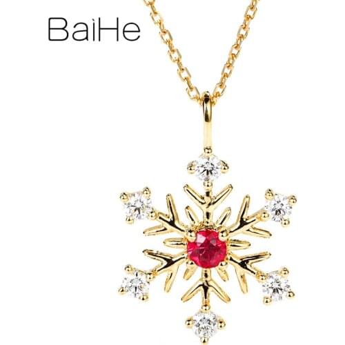 BAIHE Solid 18K Yellow Gold 0.10ct Natural Ruby 0.20ct Natural Diamonds Engagement Women Trendy Fine Jewelry snowflake Necklaces