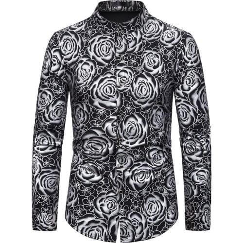 Shiny Rose Bronzing Print Men Shirt Long Sleeve Slim Fit Floral Mens Dress Shirts Party Casual Prom Male Social Shirt Camisas