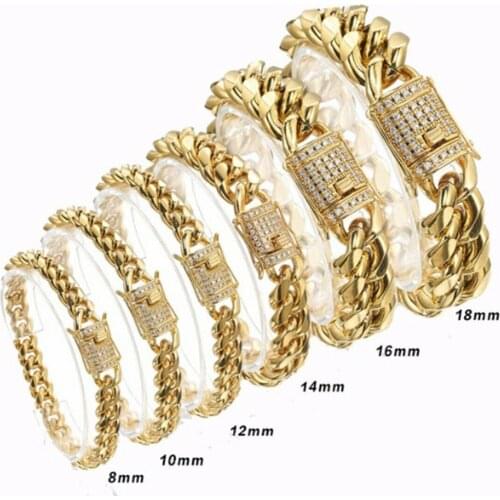 8mm-18mm Stainless Steel Cuban Miami Chains Bracelet CZ Zircon Buckle Big Heavy Gold Chain for Men Hip Hop Rock jewelry