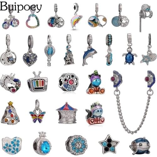 Buipoey Colorful Wing Unicorn Beaded Rainbow Dangle Charm For Bracelets & Necklace Diy Shiny Cyan Crystal Fan Accessories Beads