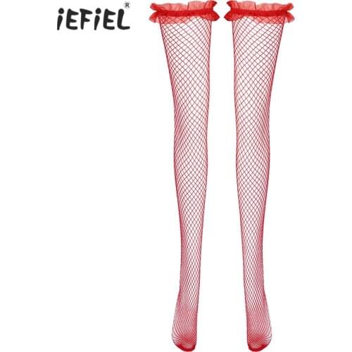 Women Men Long Fishnet Stockings Lingerie Sexy Sheer See Through Mesh High Socks Sissy Crossdresser Ruffle Thigh Silk Stockings