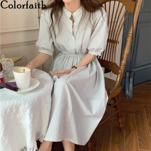 Colorfaith New 2021 Women Summer Shirt Dresses Wild Fashionable Elegant High Waist Vintage Striped Lace Up Long Dresses DR9286