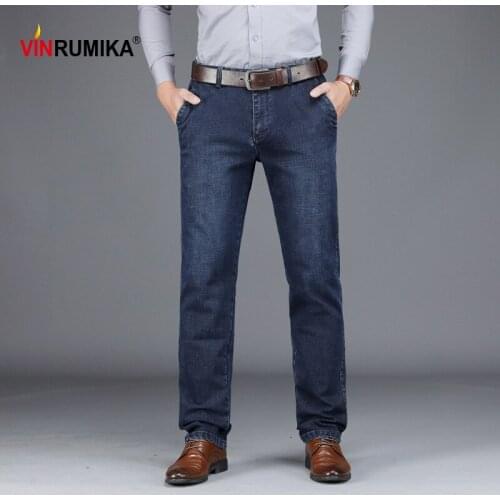 2020 Spring business mens classic casual brand straight thick jeans cowboy long trousers autumn male cotton denim blue pants