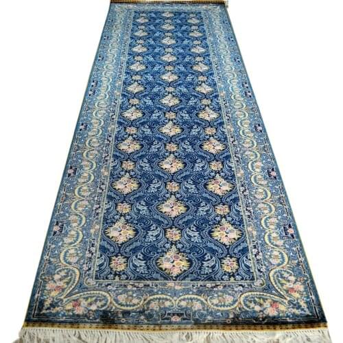 FangCunJinXiu 2.5x9.84 ft Turkish Style 100% Handmade Silk Carpet Blue Classic Flowers Painting Rug For Corridor