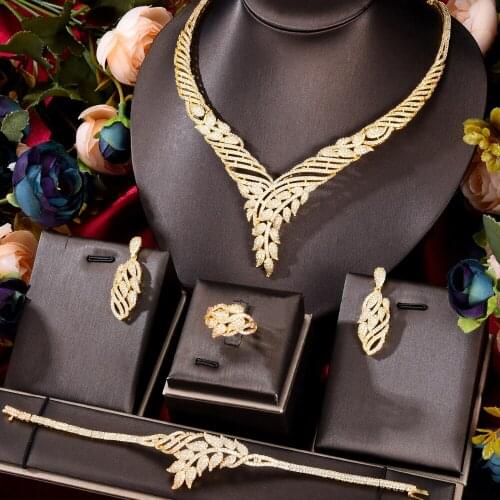 GODKI Leaf Charms 4Pcs Luxury Nigerian Jewelry Set For Women Wedding Cubic Zircon Dubai Bridal Necklace Earring Bangle Ring Set