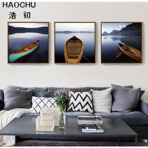 HAOCHU Peaceful Lake Mountain Landscape Canvas Painting Mediterranean Wooden Boats Wall Poster Home Decor Murals Pictures