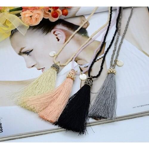 Hot Selling Tassels Fashion Statement Strand Necklaces Glass Beads Rope Long Neck Women Ethnic Jewelry Female Bijoux N15563