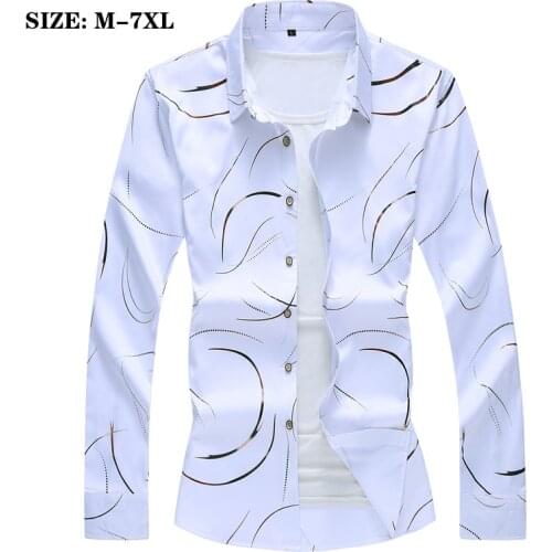 Plus Size Mens Shirts 5XL 6XL 7XL Mens Button Down Regular Fit Long Sleeve Printed White Casual Shirts