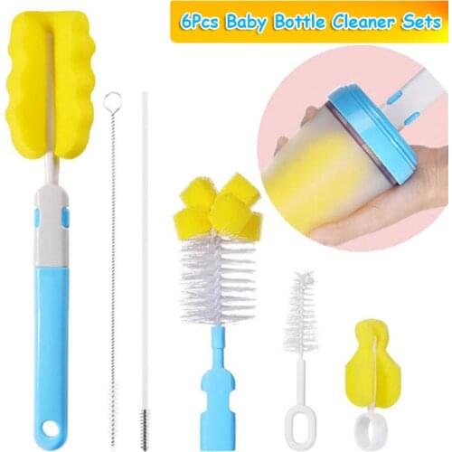 6Pcs/set Baby Bottle Cleaner Brush Sponge Cleaning Brush Tools Nipple Brushes With Handle Utensils Spout Tube Straw Brush Sets