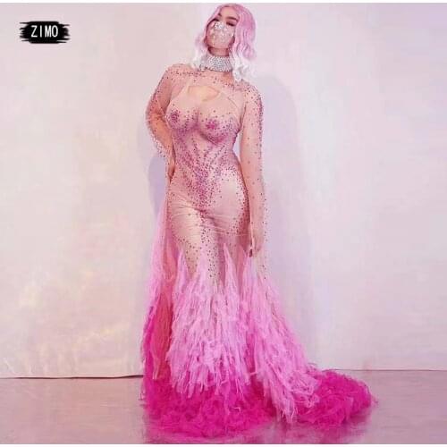 Rhinestones Rose Pink Mesh Fringe Tail Floor length Dress Birthday Celebrate Prom Nightclub Outfit Sexy Stage Show wedding Wear