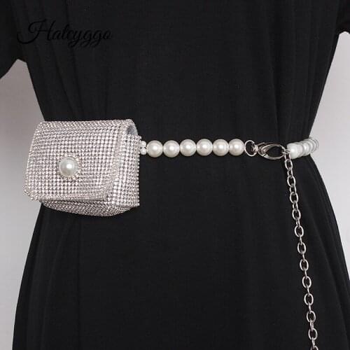 HATCYGGO Waist Bags For Women Mini Fanny Pack Vintage Beaded Chain Belt Bag Luxury PVC Waist Pack Coin Purse Decorative Bag