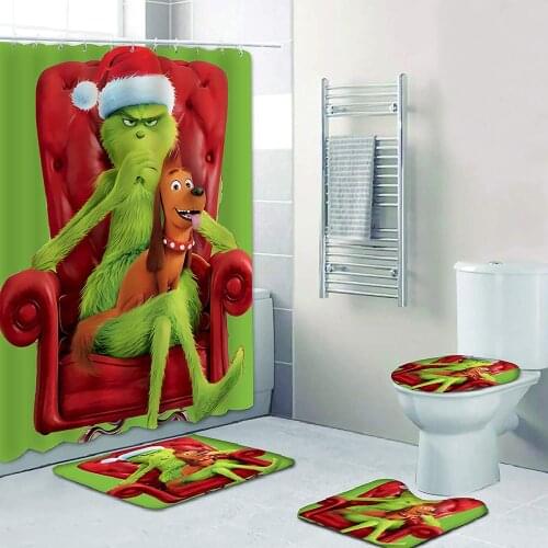 The Grinch Stole Christmas Waterproof Shower Curtain Carpet Cover Toilet Cover Bath Mat Pad 4 Piece Set 3D Print Bathroom Decor