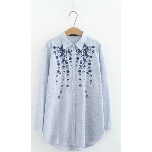 Plus size Cotton Embroidery loose women shirts 2019 NEW spring casual ladies soft long sleeve navy white blouse female oversized