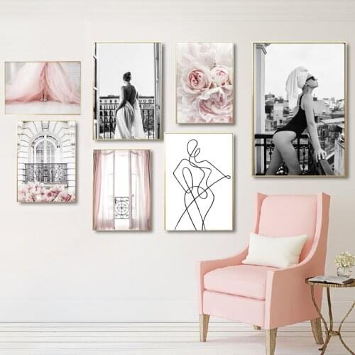 Nordic Woman Pink Dress Flowers On Paris Balcony Poster Line Wall Art Print Canvas Painting Decoration Pictures For Living Room