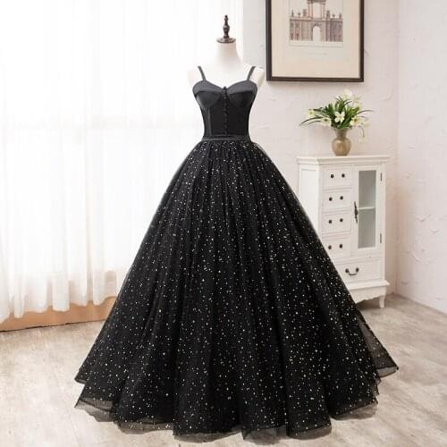 Sequins A-Line Evening Dress Elegant Strapless Spaghetti Strap Black Floor-Length Sleeveless New Party Formal Dresses Woman B923