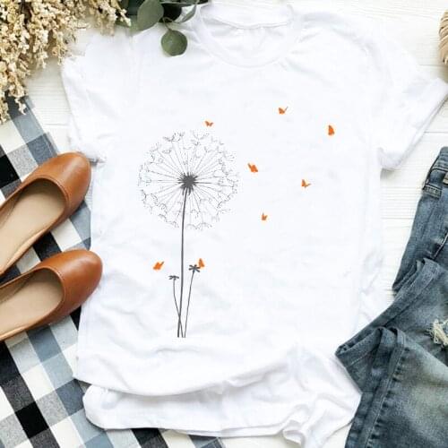 Women Lady Dandelion Plant Butterfly 90s Cartoon Animal Print Tshirt Shirt Clothes Top Graphic Female T Tee Womens T-shirt