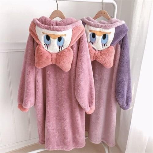 Women’s Fleece Pajamas Robe Sets Winter Sleepwear Nightgown Night Dresses Home Clothes Flannel Animal Cartoon Duck Thick Hooded
