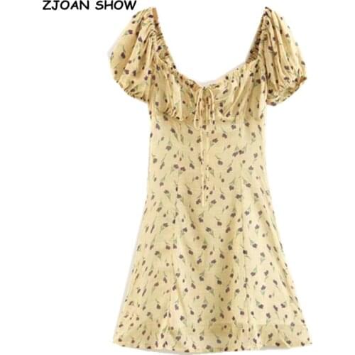 2019 Yellow French Tulip Flower Print Short Dress Yellow Retro Women Tide Bow Lacing Up V neck Short Puff Sleeve Mini Dresses