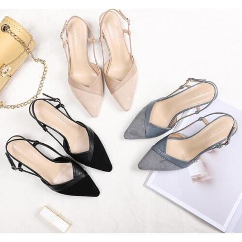 2020 Shoes Woman Slingbacks Thin High Heels Pointed Toe Pumps Office Lady Career Faux Suede Leather Elegant Sexy Solid Sandals