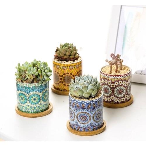 4-piece Nordic Minimalist Mandala Style Pattern Ceramic Flower Pot Home Decoration Cylindrical Succulent Small Flower Pot