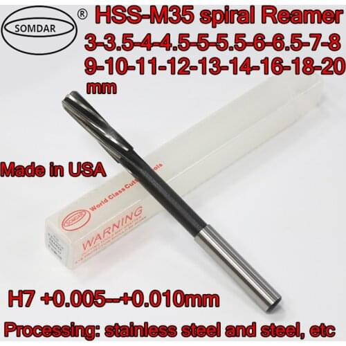3.0mm-20mm H7 = +0.005--+0.010mm SOMDAR HSS-M35 Co5% spiral Reamer Processing: stainless steel, Die steel, alloy steel Etc