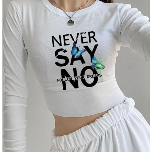 Harajuku Butterfly Summer Letter Crop Top Shirt Cute Female Pullover Cotton Aesthetic Tees Simple Sexy Girls Clothes Long Sleeve