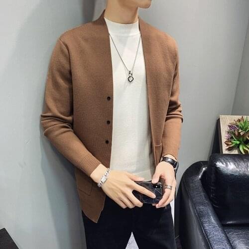 2019 Men Turn Down Collar Button Up Cardigan Spring Autumn Casual Knitted Sweaters Solid Male Outwear Tops Sweatercoat KK3072