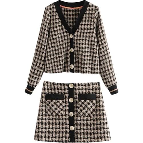 Set female 2019 Slim retro fashion suit diagonal stripes Tweed small fragrance jacket coat casual high waist skirt