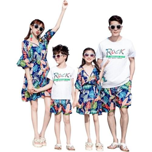 Hot Summer New family look clothing mother Girl Dress father Boy cotton white shirt & Pants 2pcs/sets Holiday outfits