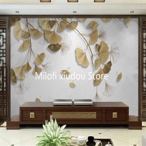 Milofi customized 3D wallpaper mural light luxury golden embossed line ginkgo leaf living room bedroom background wall decoratio