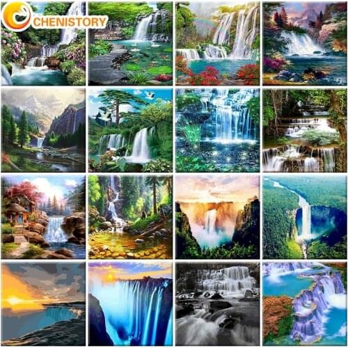 CHENISTORY Waterfall Oil Painting By Numbers With Framed On Canvas Landscape Paint Adults Coloring By Number Drawing Picture Art