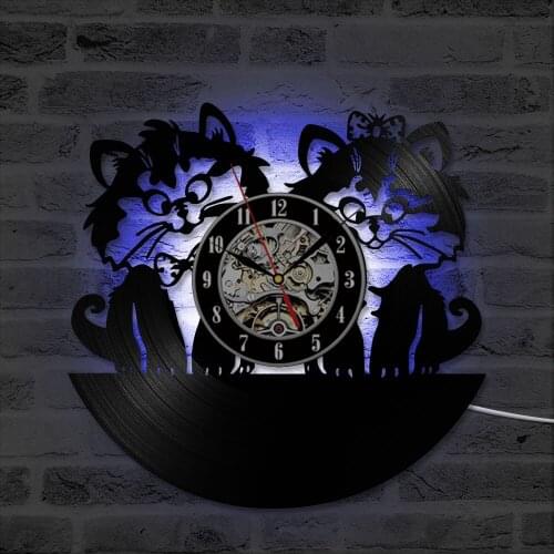 LED Vinyl Clock Cat Record Clock Hollow Creative Antique Hanging LED Wall Clock Vinyl Record 3D Unique Art Clock With 7 Colors