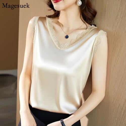 Summer New V Neck Loose Solid Satin Lace Women Shirt Korean Casual Plus Size White Blouse Woman Embroidery Sleeveless Tops 13740