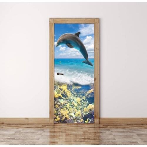 Hot Door Mural Dophin Jumping Wall Door Sticker DIY Self-adhesive Waterproof Wallpaper Poste for Home Decoration Gift