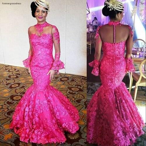 2019 Cheap Fuchsia Evening Dress Mermaid High Neck Sheer Long Sleeves Holiday Wear Pageant Prom Party Gown Custom Made Plus Size