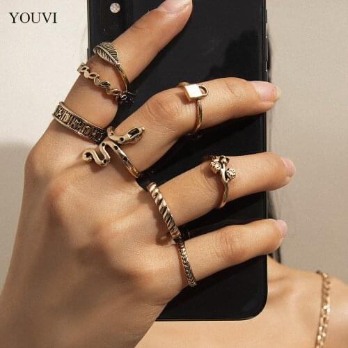 YOUVI 8Pcs/Set Goth Snake Womens Ring Punk Lock Fashion 2121 Trend Couple Mens Rings for Women Wedding Jewelry Sets Charm