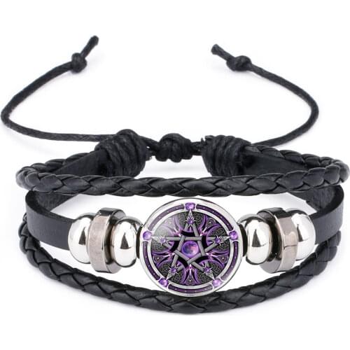 Men Women Jewelry Black Occult The Inverted Star Sign Pentagram Satanic Pentagram Star Symbols Glass Leather Bracelets