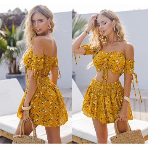 Two Piece For Women Clothing 2021 Summer New Printed Sexy Off Shoulder Top Shorts Set + Casual Slim Fit Outfit
