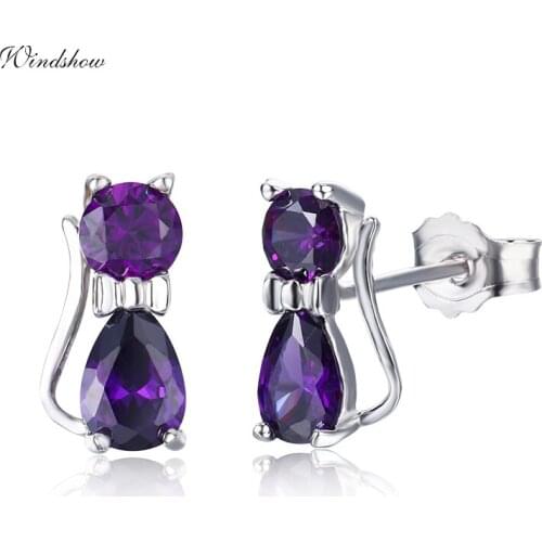 925 Sterling Silver Cute kittens Kitty Cat Gatos AAA CZ Purple Stud Earrings For Women Girls Kids Child Jewelry Aros orecchini