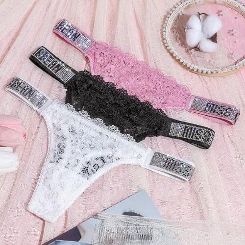 Womens Panties with Crystal Letter Belt Sexy Transparent Lace G-String Thongs Female Cotton Seamless Underwear Lady Lingerie